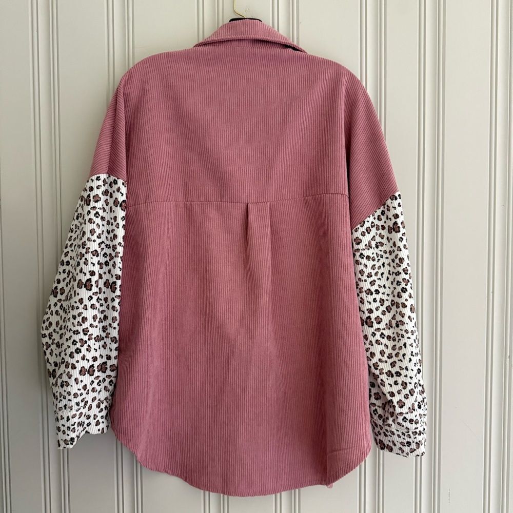 Pink Corduroy Shirt with Leopard Print Sleeves - Picture 3 of 3